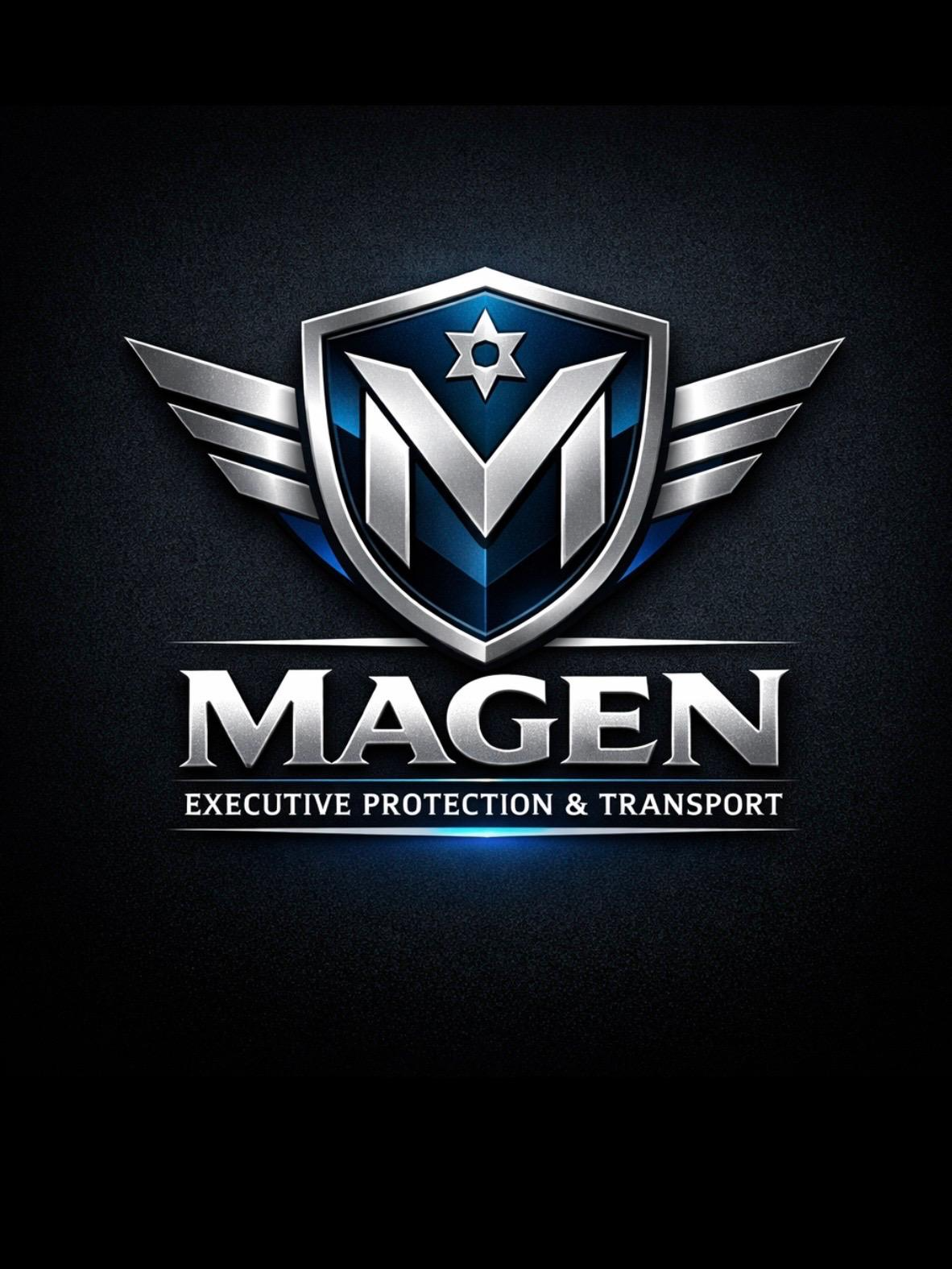Magen Executive Protection & Transport silver winged shield logo